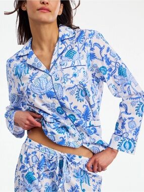 Roller Rabbit Small Blue White Floral Button-Front Cotton Amanda Lounge Shirt